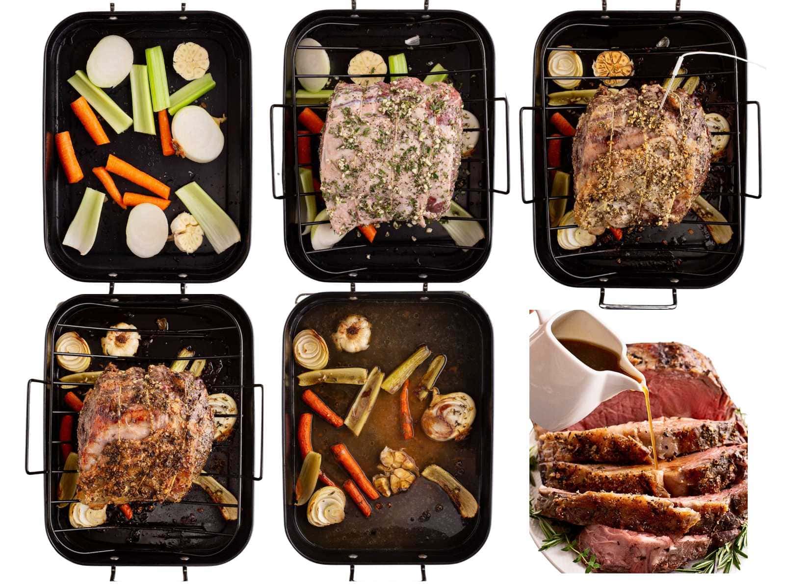Five steps of roasting beef with vegetables, ending with sliced prime rib and gravy being poured on top.