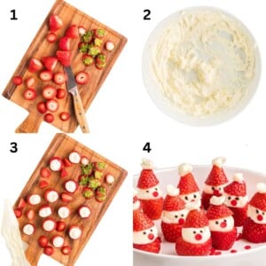 Step-by-step images showing how to make strawberry Santas with cream and strawberries on a wooden board and plate.