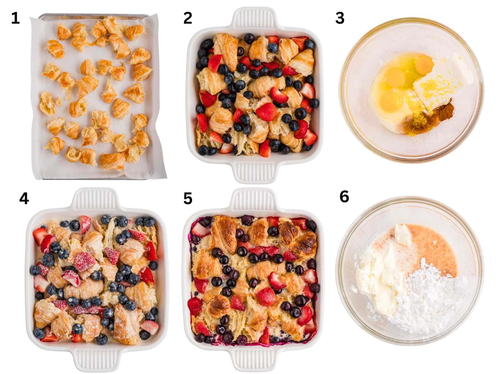 Six-step collage: making a berry croissant bake with eggs, berries, croissant pieces, and a white baking dish.