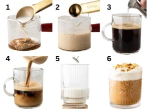 Six-step process of making a creamy gingerbread latte, showing mixing, pouring, and final topped beverage in a glass.