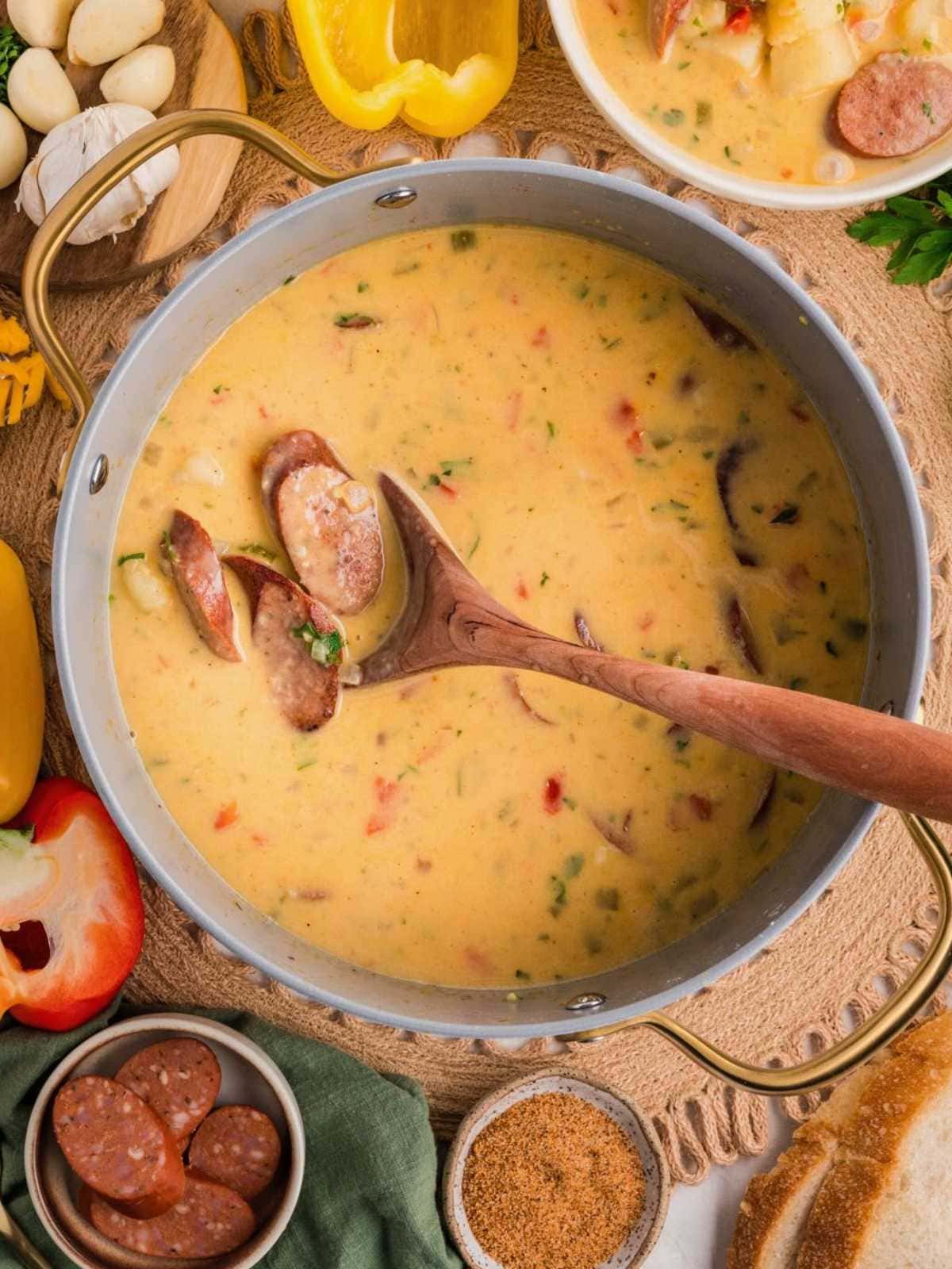 A pot of creamy sausage soup with a wooden spoon, surrounded by vegetables, bread, and sausage slices.