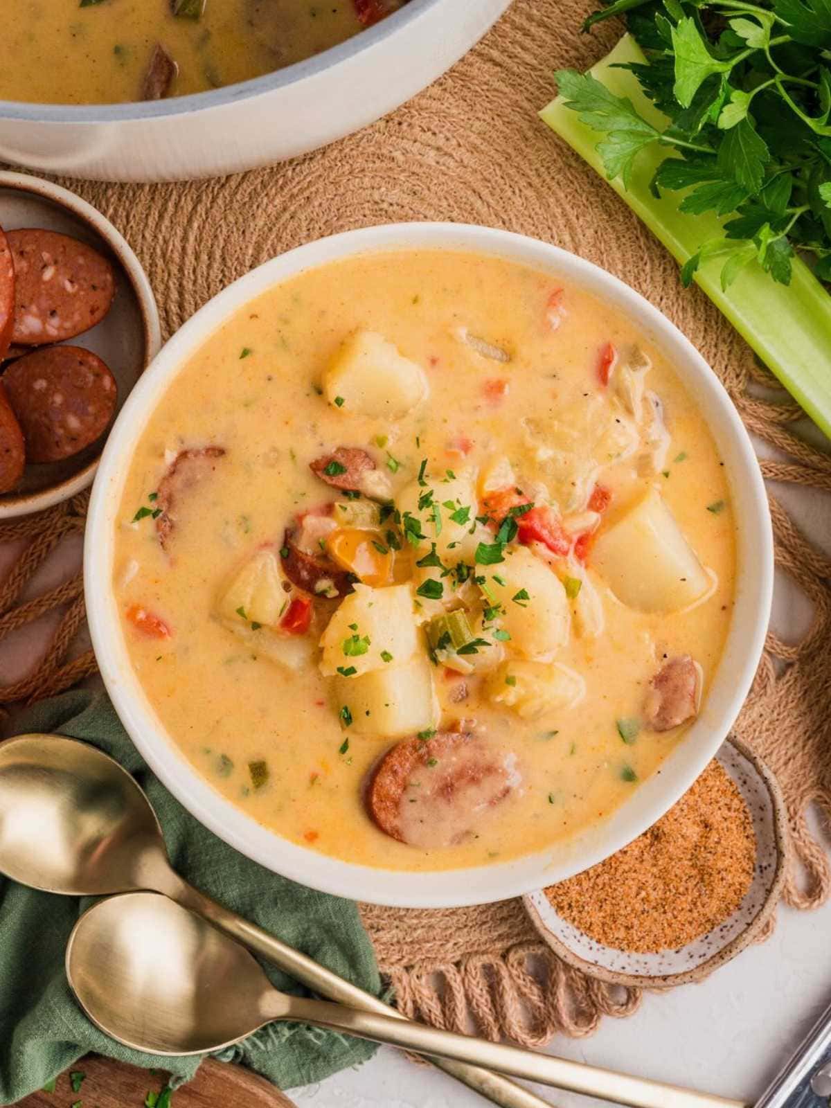 A bowl of creamy sausage and potato soup, garnished with herbs, next to fresh celery and gold spoons.