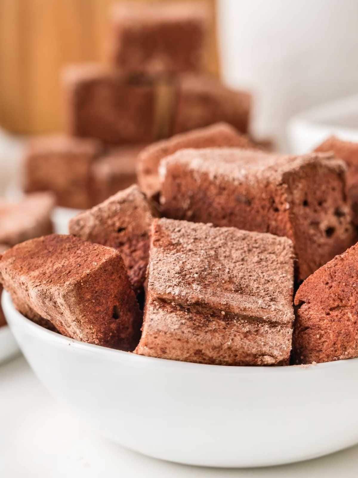 A white bowl filled with chocolate marshmallows dusted with cocoa powder.