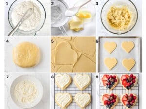 Step-by-step sugar cookie recipe process, from ingredients mixing to decorated heart-shaped cookies with fruit.