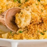 A wooden spoon scoops cheesy, baked cauliflower with golden breadcrumbs from a white baking dish.