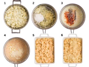 Six-step process of making cauliflower cheese bake, showing ingredients and mixing in pots and casserole dishes.