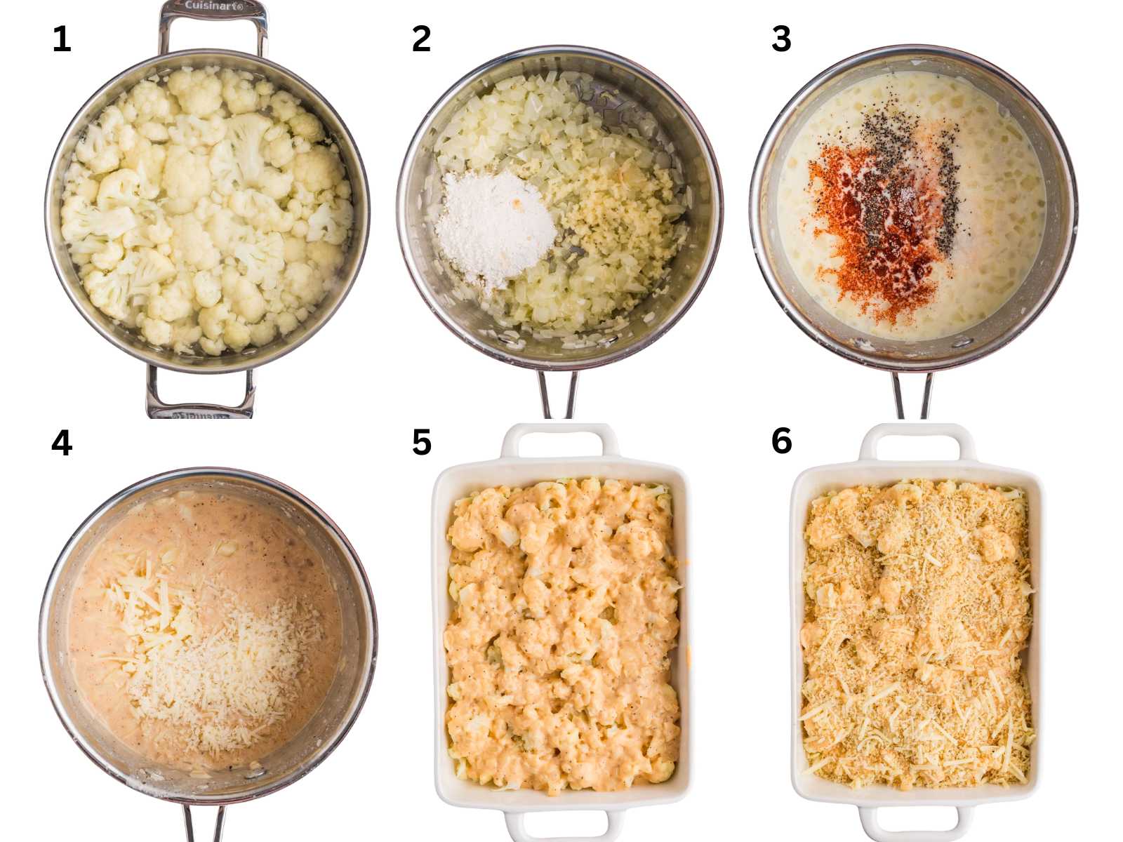 Six-step process of making cauliflower cheese bake, showing ingredients and mixing in pots and casserole dishes.