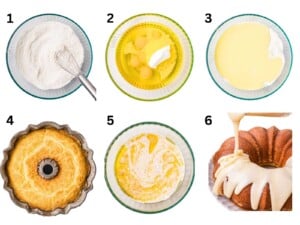 Six-step collage showing cake batter being mixed, baked in a bundt pan, and topped with icing.
