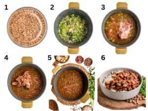 Step-by-step images show pinto beans being cooked with vegetables and ham, then served over rice in a bowl.