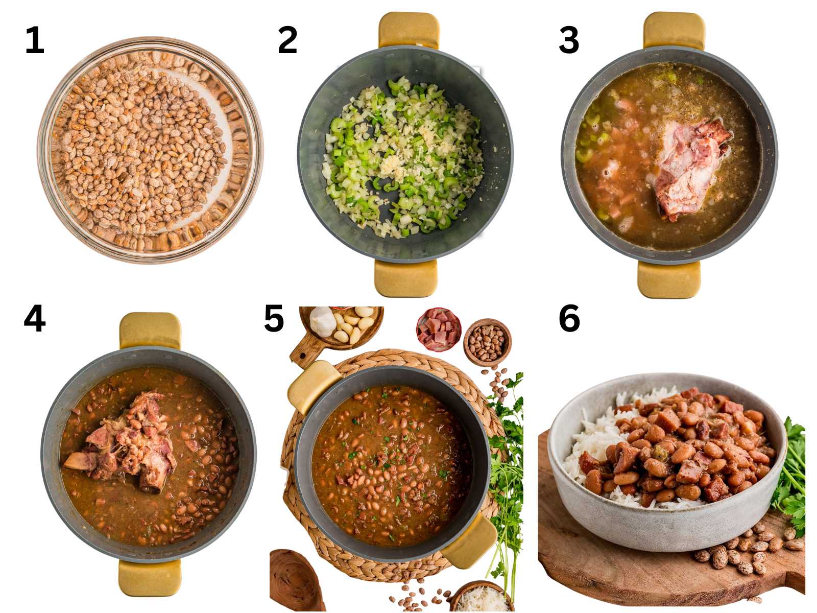Step-by-step images show pinto beans being cooked with vegetables and ham, then served over rice in a bowl.