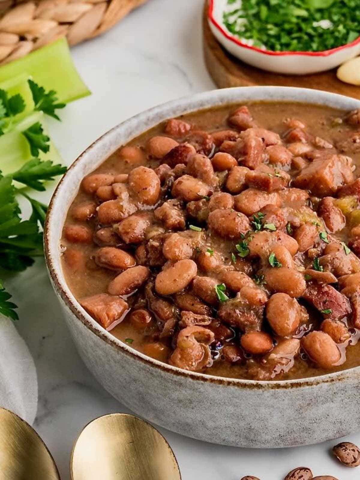 A bowl of cooked pinto beans in broth, garnished with herbs, sits on a white surface with fresh parsley nearby.