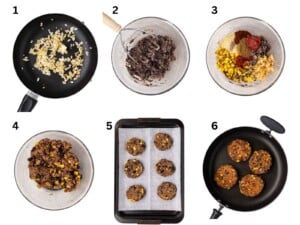 Six steps to make black bean burgers, showing mixing, forming patties, baking, and frying in a skillet.