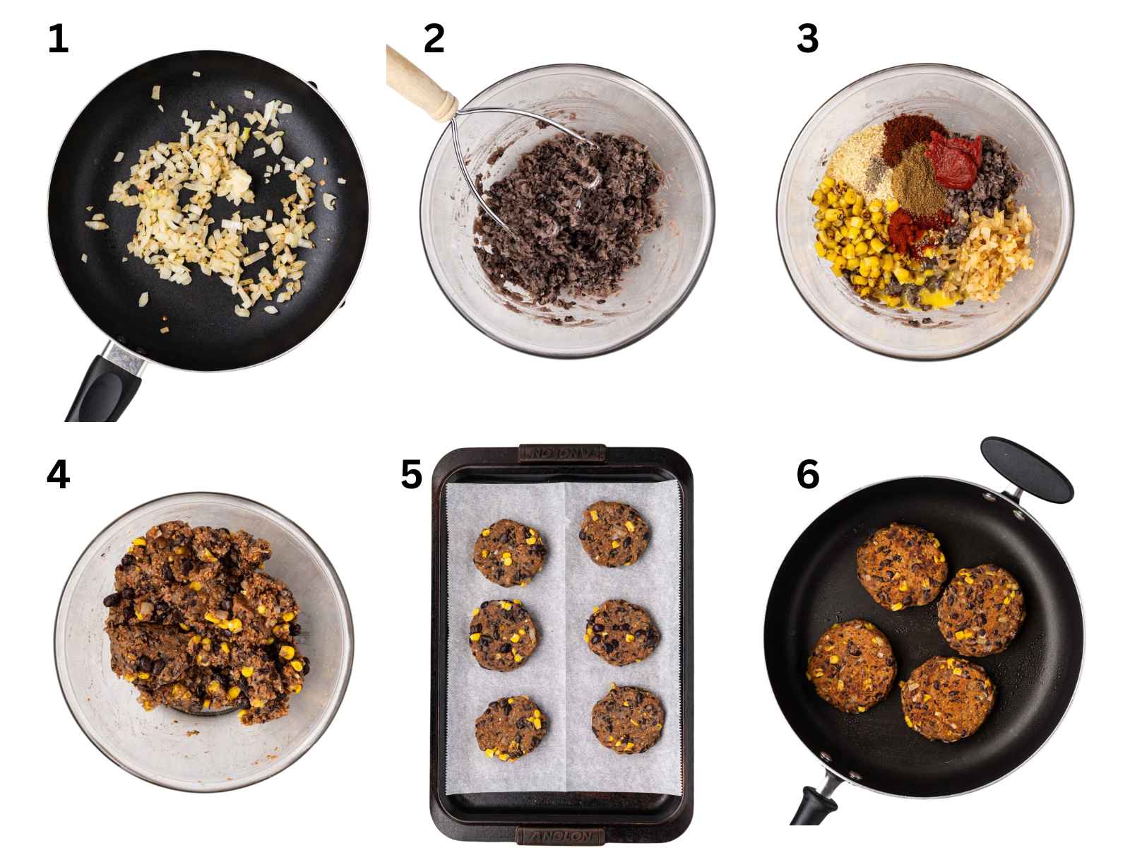 Six steps to make black bean burgers, showing mixing, forming patties, baking, and frying in a skillet.