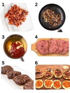 Six-step burger recipe: cooked bacon, fried onions, sauce in a bowl, raw patties, cooked patties, assembled burgers.