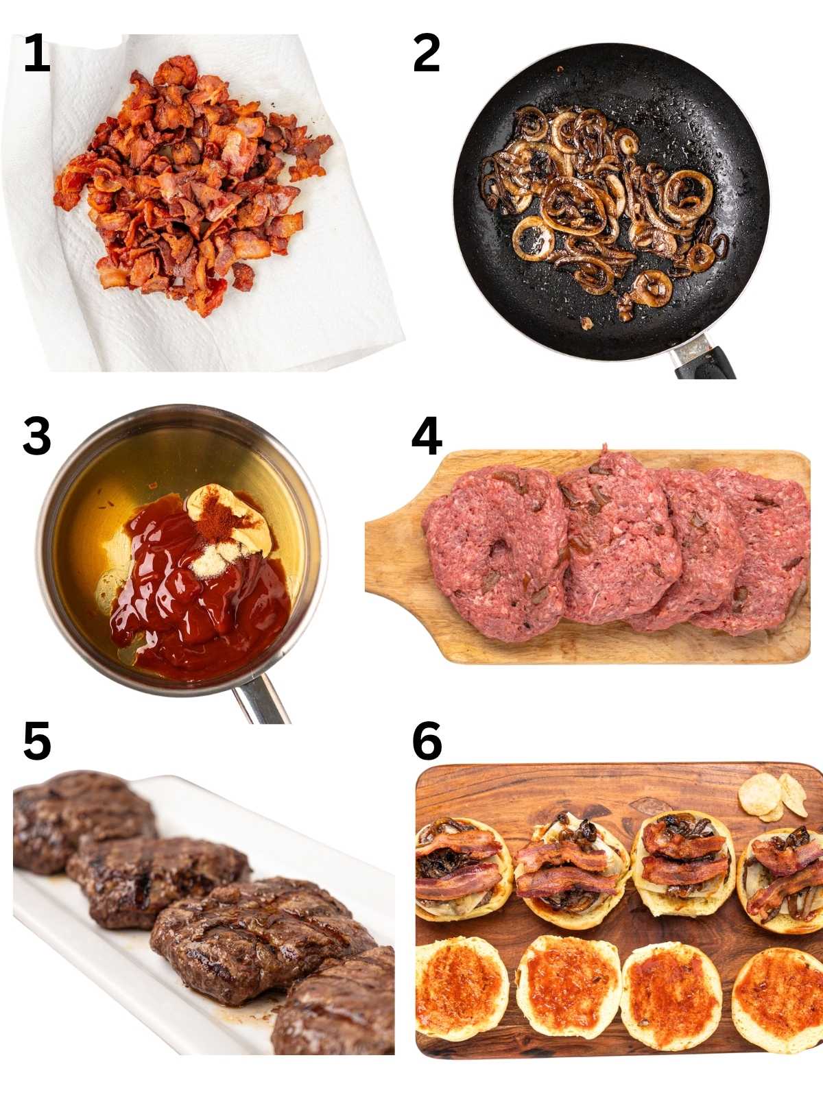 Six-step burger recipe: cooked bacon, fried onions, sauce in a bowl, raw patties, cooked patties, assembled burgers.