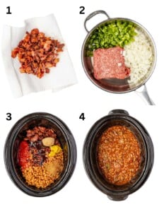 Step-by-step images: cooked bacon, raw beef with vegetables, ingredients in a pot, and finished baked beans.