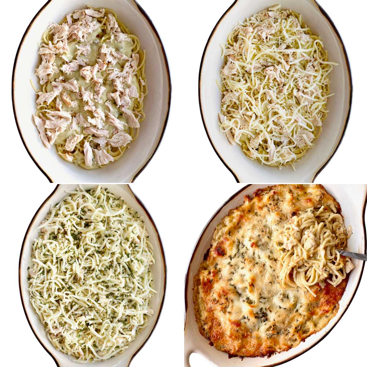 Four stages of making baked chicken spaghetti casserole, from uncooked to fully baked and golden brown.