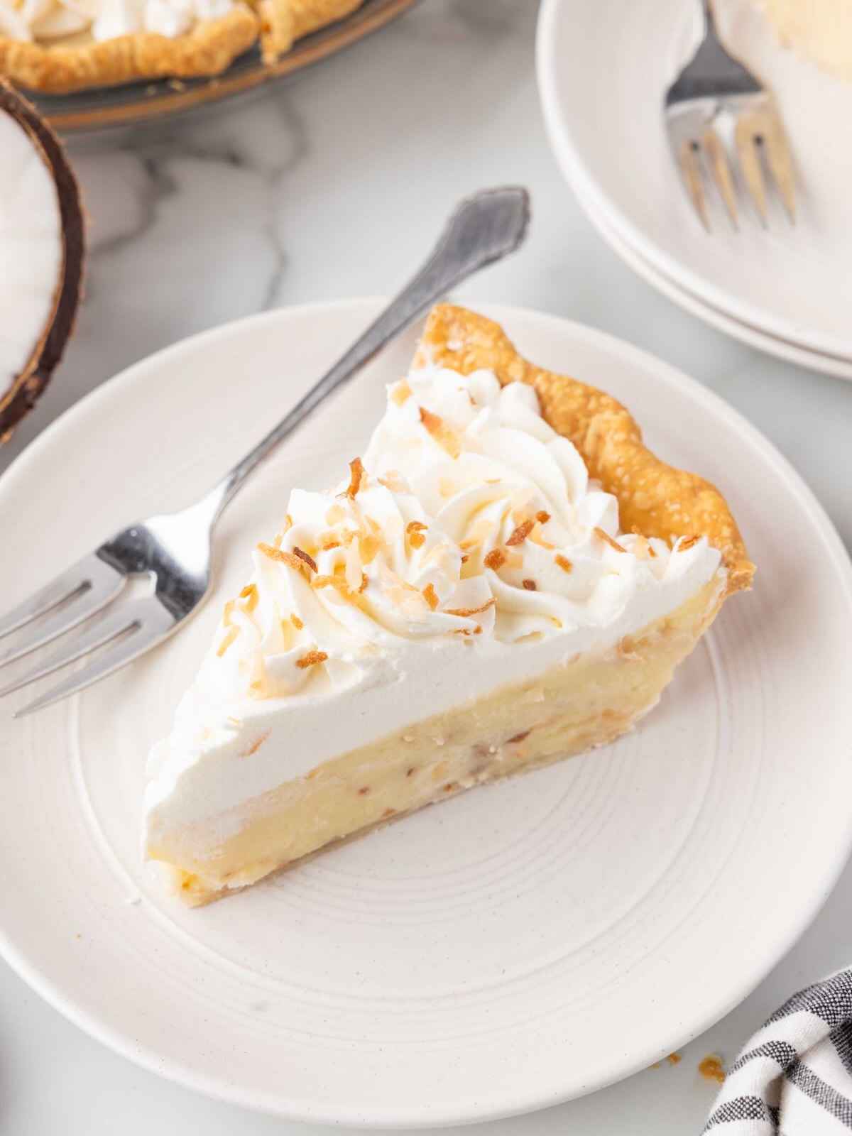A slice of coconut cream pie topped with whipped cream and toasted coconut on a white plate with a fork.