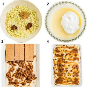 Step-by-step images: making apple dessert with apples, cream, graham crackers, and caramel in a dish.