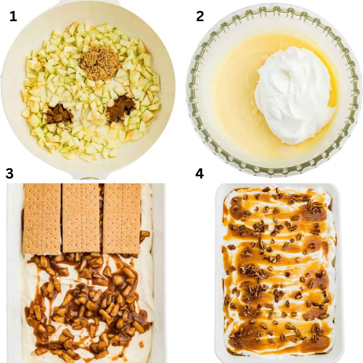 Step-by-step images: making apple dessert with apples, cream, graham crackers, and caramel in a dish.