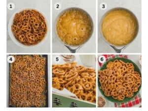 Six numbered panels showing the process of making caramel-coated pretzels.