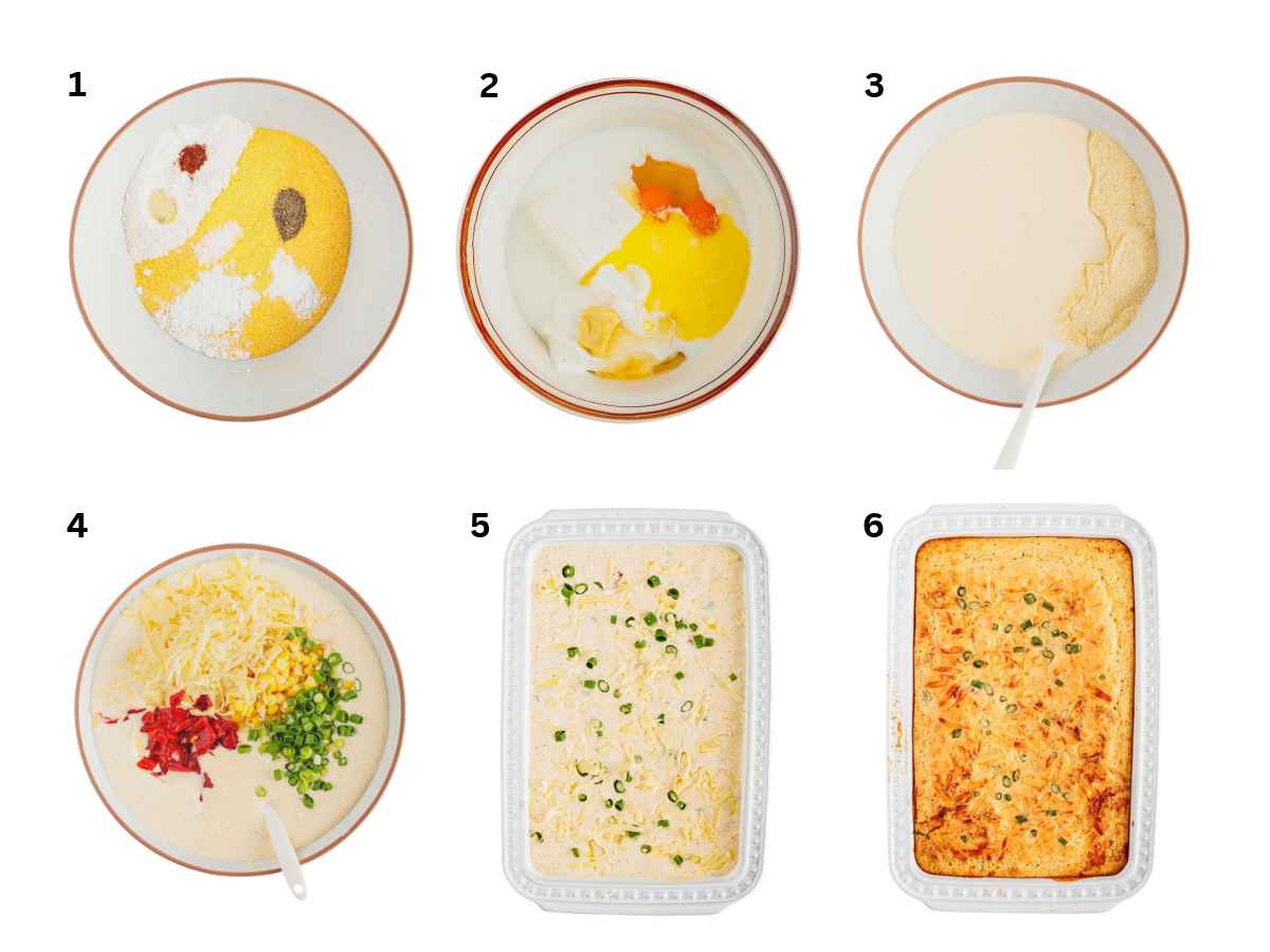 Six numbered images showing steps for making a casserole, from mixing dry and wet ingredients to baking in a dish.