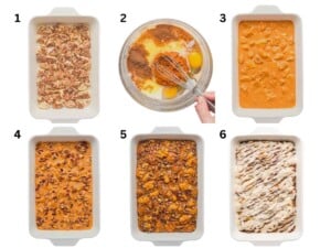 Six-step collage showing how to make pumpkin cinnamon roll casserole.
