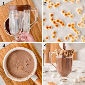 Four-step process for making smores hot chocolate: rimming a glass, toasting marshmallows, mixing cocoa, and pouring.