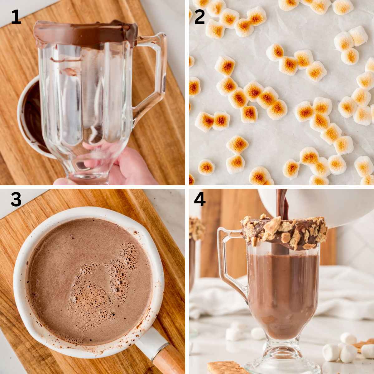 Four-step process for making smores hot chocolate: rimming a glass, toasting marshmallows, mixing cocoa, and pouring.
