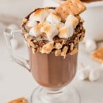 Glass mug of hot cocoa topped with toasted marshmallows and a graham cracker.