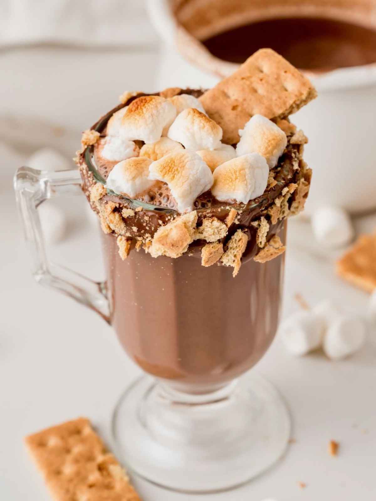 Glass mug of hot cocoa topped with toasted marshmallows and a graham cracker.